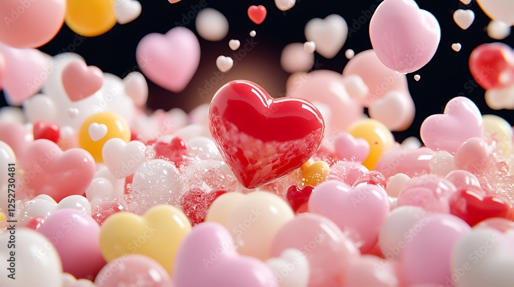 Poster colorful heart-shaped bubbles overflowing from a box creating a joyful scene