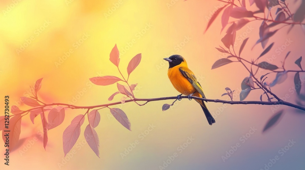 Poster a vividly colored oriole perched on a thin branch with cascading leaves and a gradient sky in the ba