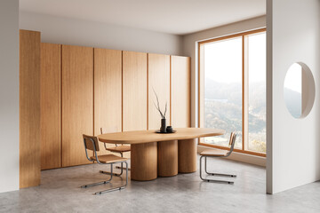 Modern dining room with wooden table and chairs in minimalist interior design. 3D Rendering