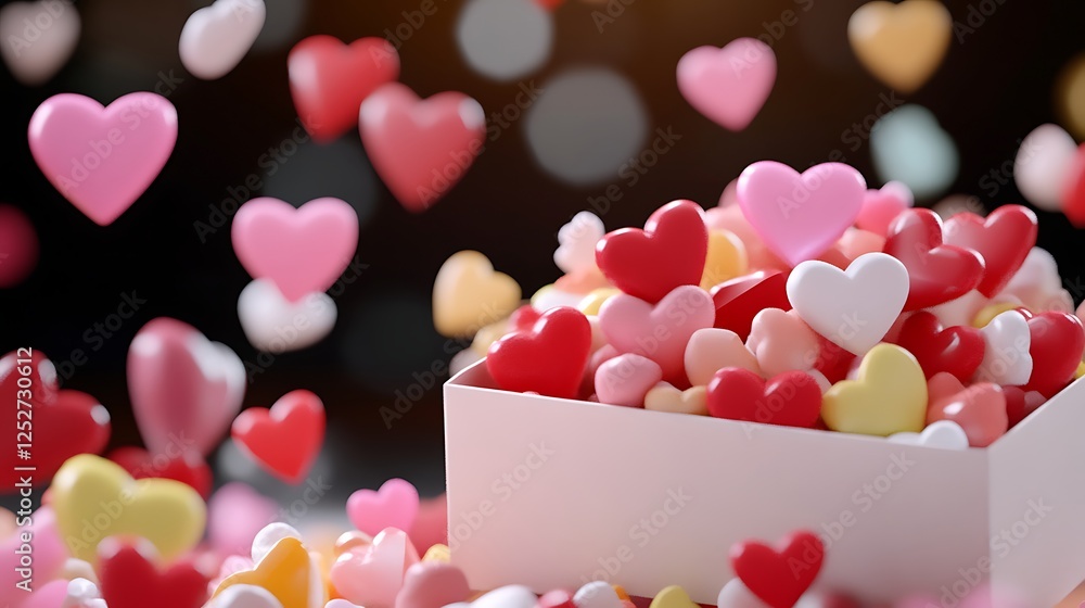 Poster colorful heart-shaped bubbles overflowing from a box creating a joyful scene