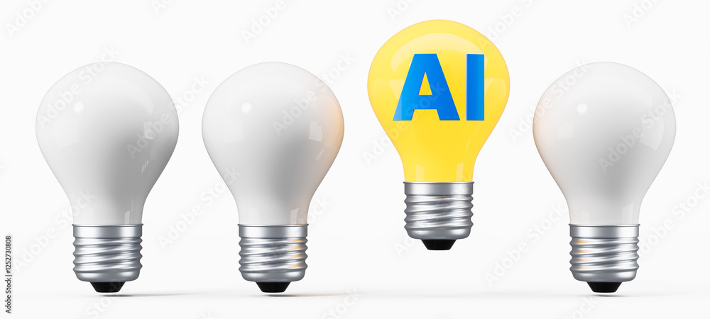 Poster lightbulb concept with yellow ai bulb among others. 3d rendering