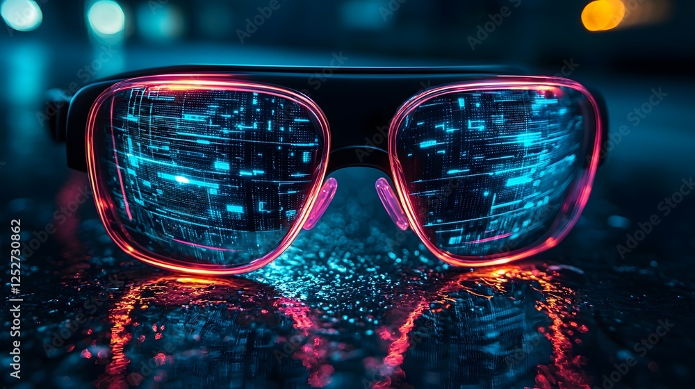 Poster immersive virtual reality glasses showcasing glowing futuristic data visualizations and advanced tec