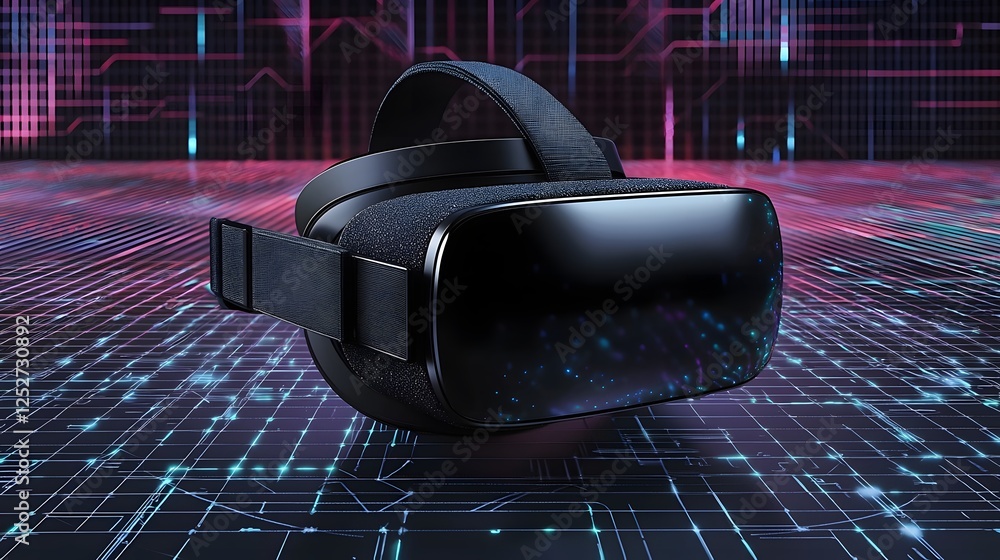 Poster sleek and modern virtual reality headset integrated seamlessly into a dynamic futuristic digital gri