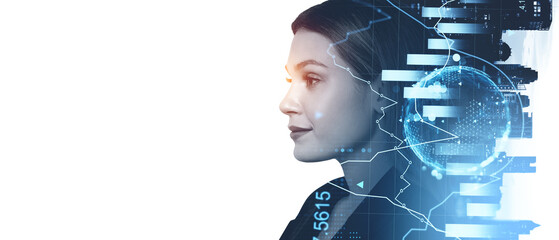 Woman's profile with financial graphs and digital cityscape in b