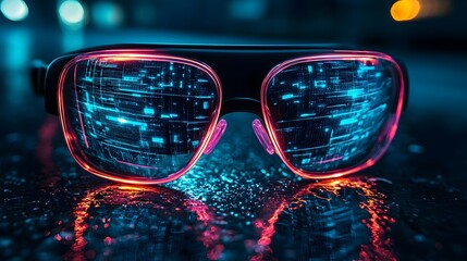 Immersive virtual reality glasses showcasing glowing futuristic data visualizations and advanced technological elements  The image represents the concept of cutting edge innovation