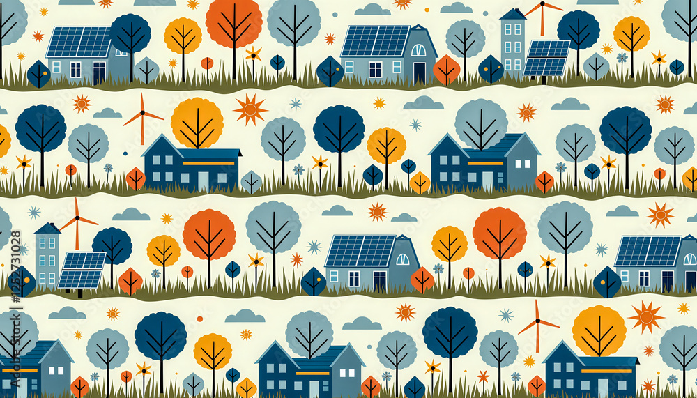 Poster a colorful pattern of houses and trees with a blue house in the middle. the houses are all different