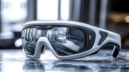 Futuristic virtual reality headset with a sleek and sophisticated tech inspired design featuring 3D holographic projections for an immersive and interactive digital experience