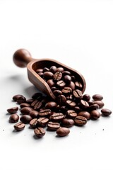 Obraz premium Roasted coffee beans spilling from a wooden scoop onto a white surface