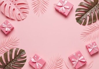 A flat lay of tropical leaves and gift boxes with ribbons on a pink background, featuring pink and green leaves with glossy and matte textures.

