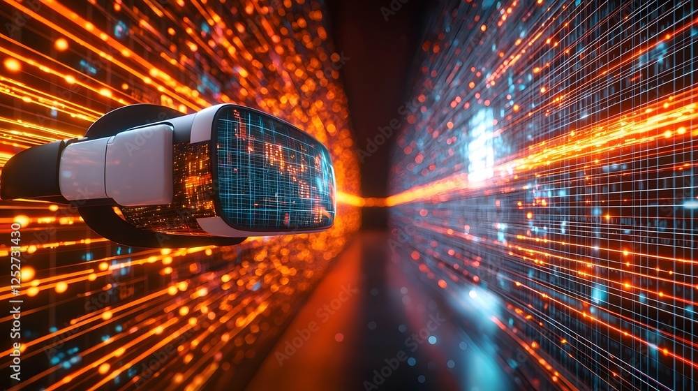 Poster immersive virtual reality environment with glowing data streams digital grids and futuristic technol