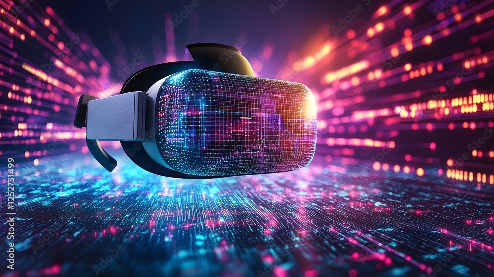 Poster virtual reality headset device generating an immersive futuristic environment with glowing data stre