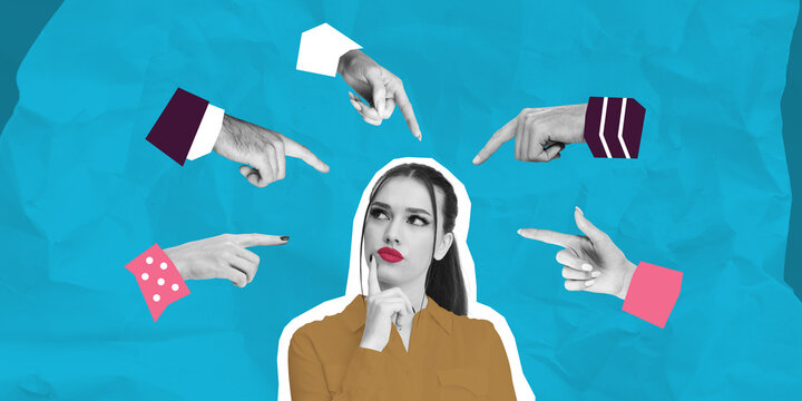 Thoughtful woman surrounded by pointing hands on blue background