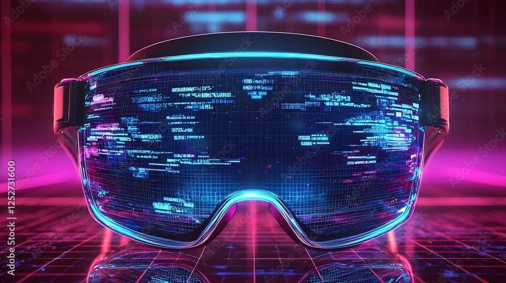 Poster futuristic virtual reality glasses surrounded by a vibrant display of holographic data and informati