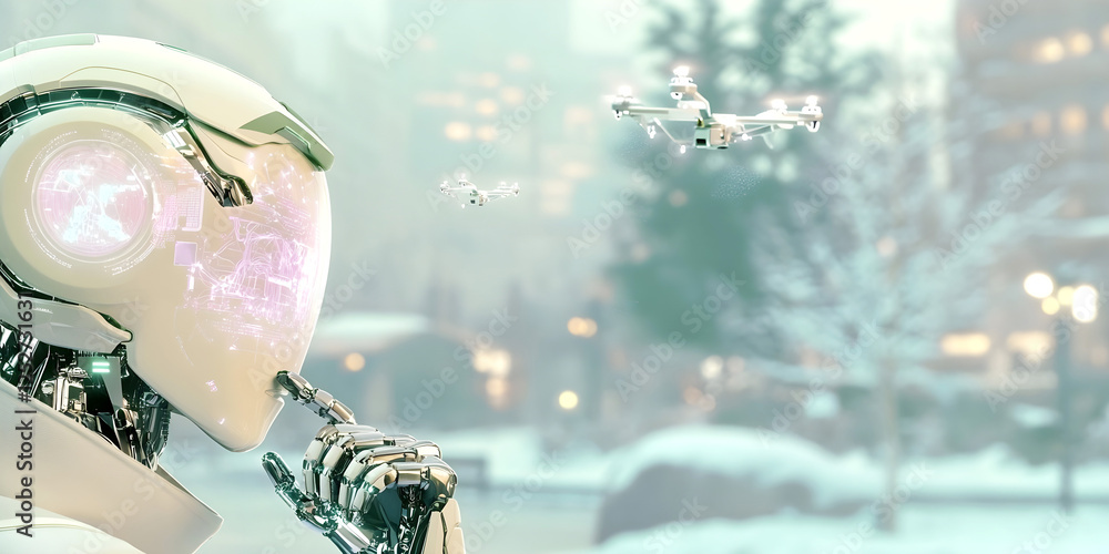 Poster futuristic humanoid robot analyzing drones flying in a snowy cityscape, showcasing advanced artifici