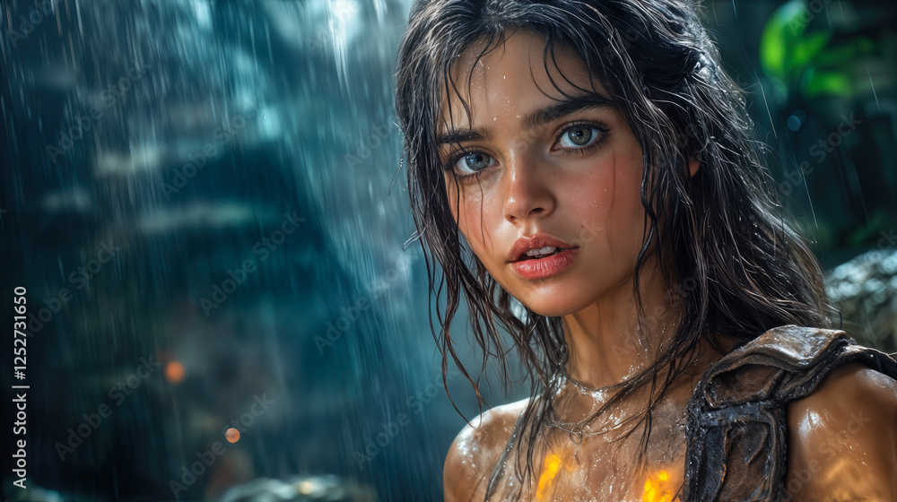 Poster immersive gaming ai companion character in rainforested setting with interactive growth features