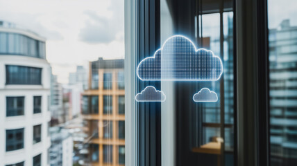 Cloud Computing in Urban Skyline: A vibrant cityscape viewed through a window, overlaid with a glowing digital cloud icon, symbolizing the seamless integration of technology and urban life.  
