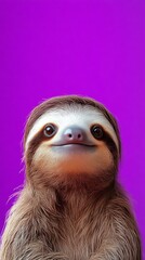 Smiling sloth portrait against bright purple background, adorable animal expression concept