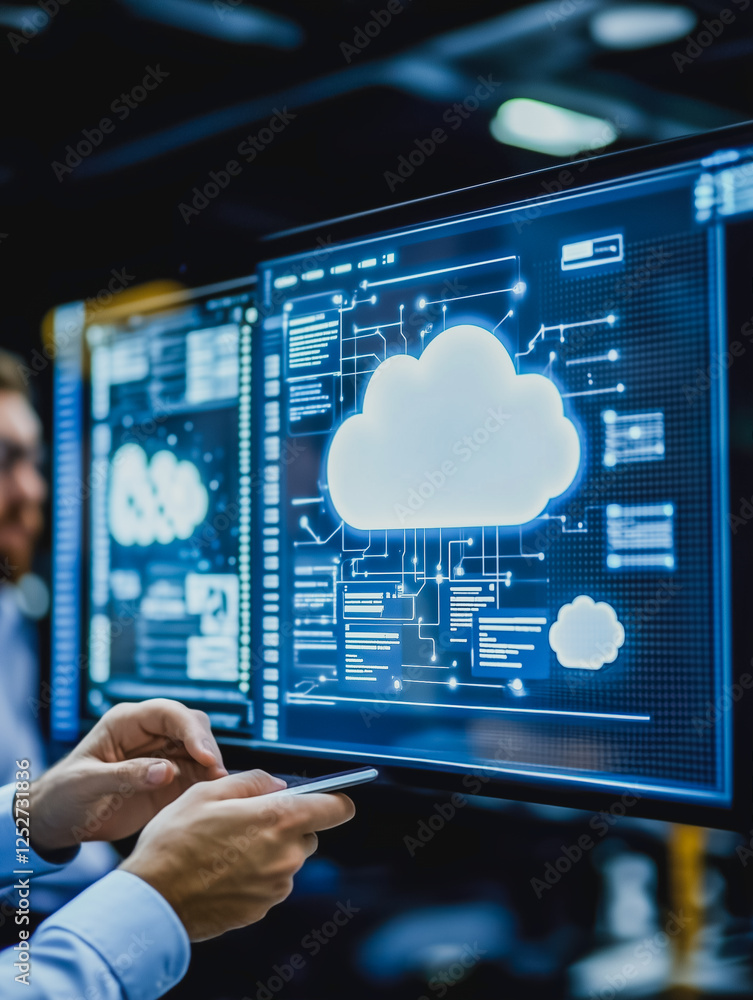 Poster cloud computing expertise: a team of it professionals collaborate in a modern data center, their foc
