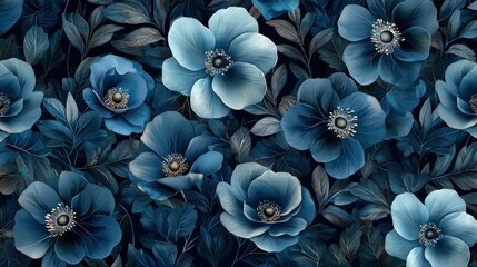 A serene floral wallpaper design featuring realistic blue flowers in various shades on a luxurious dark canvas.