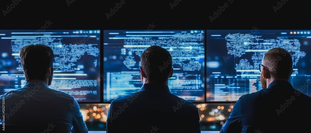 Poster cybersecurity specialists: three dedicated cybersecurity professionals intently analyze complex data