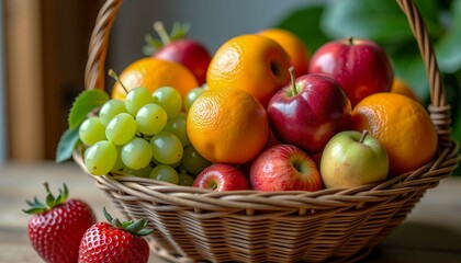 A basket of fruit including apples, oranges, bananas, and strawberries. The basket is on a table and the fruit is fresh and colorful