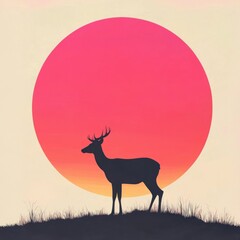 A minimalist depiction of a lone deer under a colorful gradient sunset, ideal for wall art and home decor. isolated on white background. 