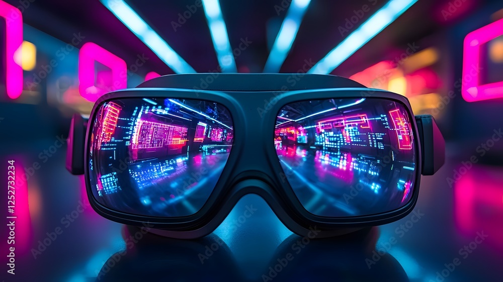 Poster detailed view of virtual reality vr glasses reflecting a vibrant tech inspired digital environment w