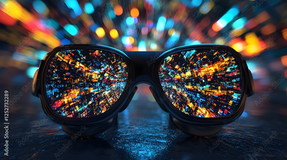 Poster detailed view of virtual reality glasses reflecting a vibrant tech inspired dynamic and colorful dig