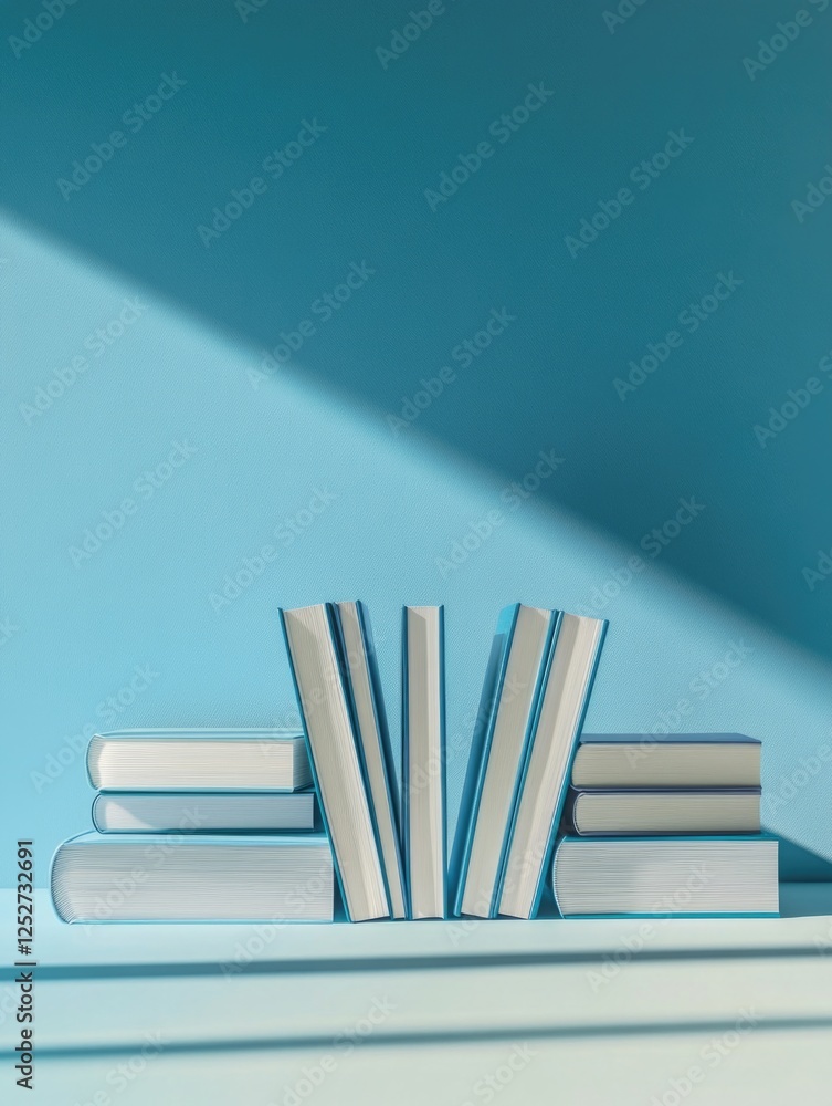 Aufkleber an organized bookshelf with a stack of white and colorful books, suggesting a cozy reading space in 