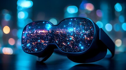 Close up view of a person wearing sleek futuristic VR glasses that showcase a vibrant neon lit cityscape with a kaleidoscopic prismatic reflection