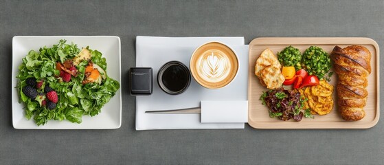 Plate of gourmet food next to a cup of coffee in an elegant fine dining setup