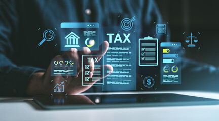 Holographic Tax and Financial Management Concept Displayed on a Transparent Screen.