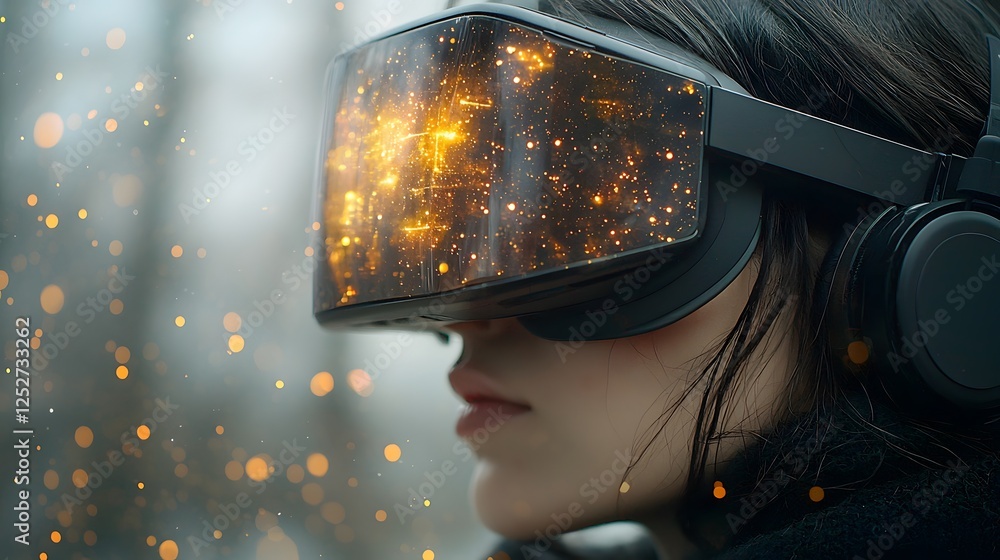 Poster individual wearing virtual reality headset or goggles experiencing futuristic augmented reality with