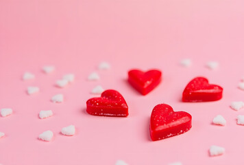 Fototapeta premium Colorful Heart Shaped Candies on a Soft Pink Background