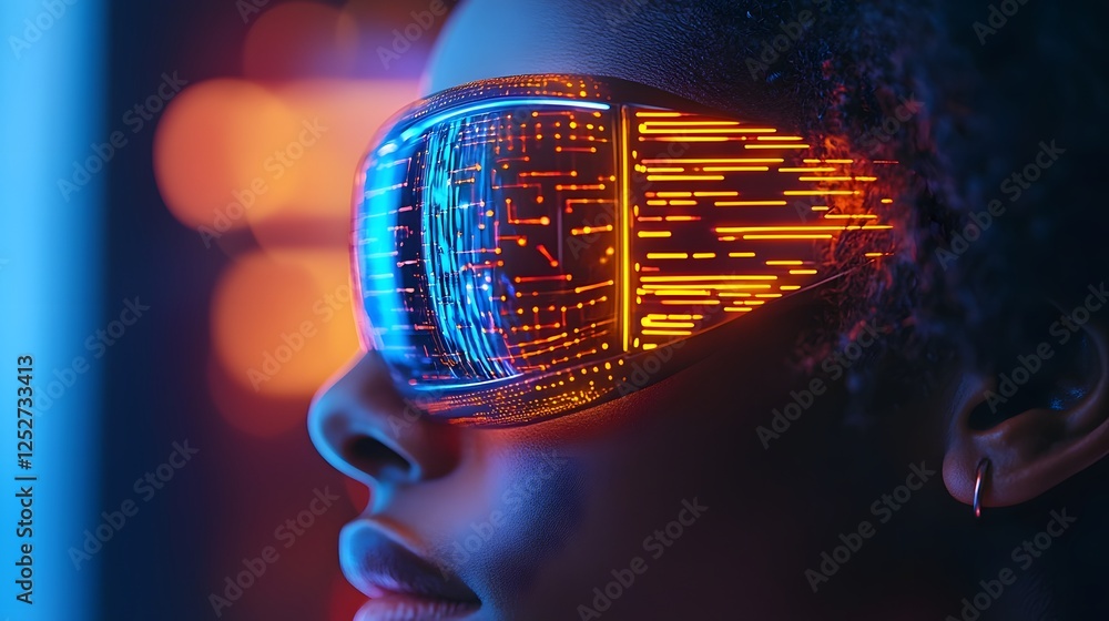 Poster close up side view of a person wearing a luminous tech inspired virtual reality headset with vibrant
