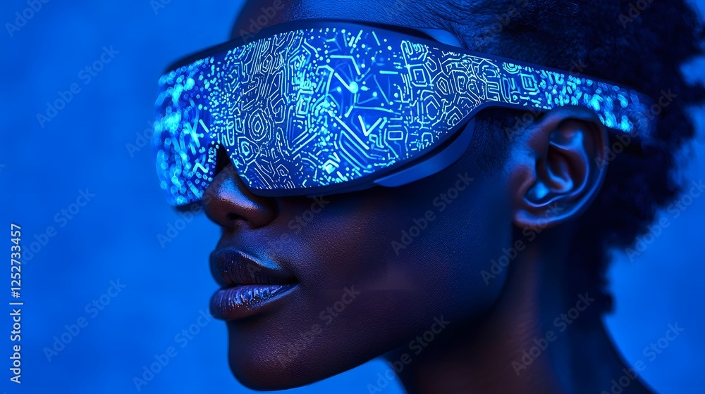Poster futuristic side view closeup of a person wearing a virtual reality headset with luminous tech inspir