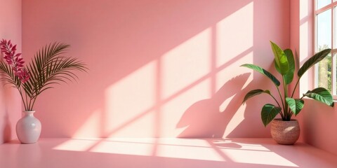 Fototapeta premium Serene Pink Room Interior with Sunlit Plants in Elegant Vases