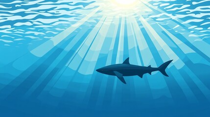 Underwater Scene with Shark and Sunbeams Illustration of the Deep Ocean