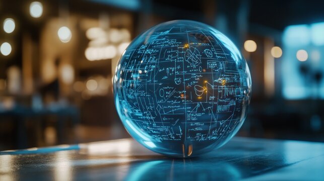 Global Data Sphere: Futuristic Crystal Ball Displaying Complex Data and Equations