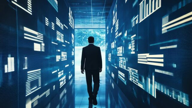 Data Driven Future: A lone businessman walks towards a bright future, surrounded by glowing digital data streams and graphs in a futuristic corridor.  The scene evokes ambition and progress. 