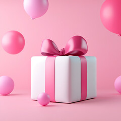 A vibrant gift box with a pink bow and colorful balloons, perfect for celebrations.