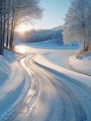 Fototapeta premium A snowy, winter road with fresh tracks.