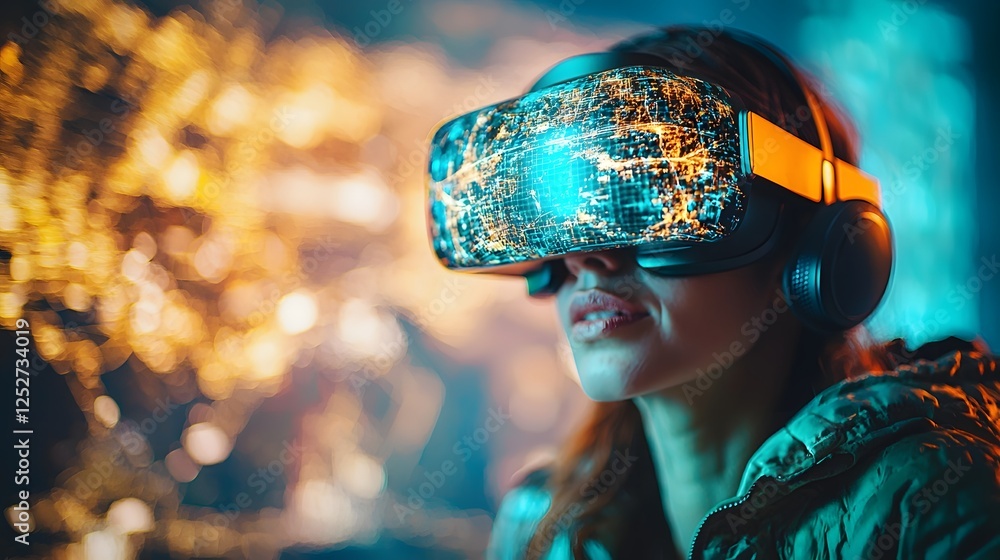 Poster high tech virtual reality glasses or headset displaying a stunning futuristic landscape with hologra