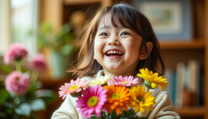 Fototapeta premium A young girl is holding a bouquet of flowers and smiling. The flowers are a mix of pink and orange, and they are arranged in a vase. Concept of happiness and joy