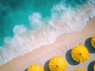 Fototapeta premium Relax under the warm sun on a beautiful tropical beach with white sand and blue ocean waters. Lounge in yellow umbrellas provided for shade against the bright sunlight. Paradise is waiting!