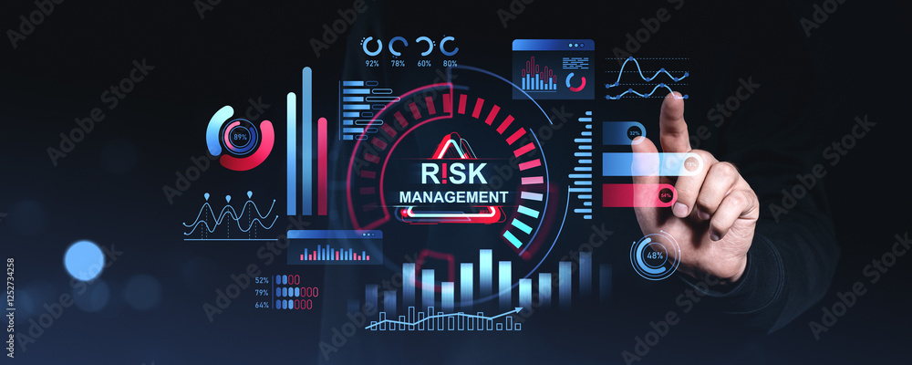 Poster risk management dashboard with futuristic data visualizations and hand interacting with digital inte