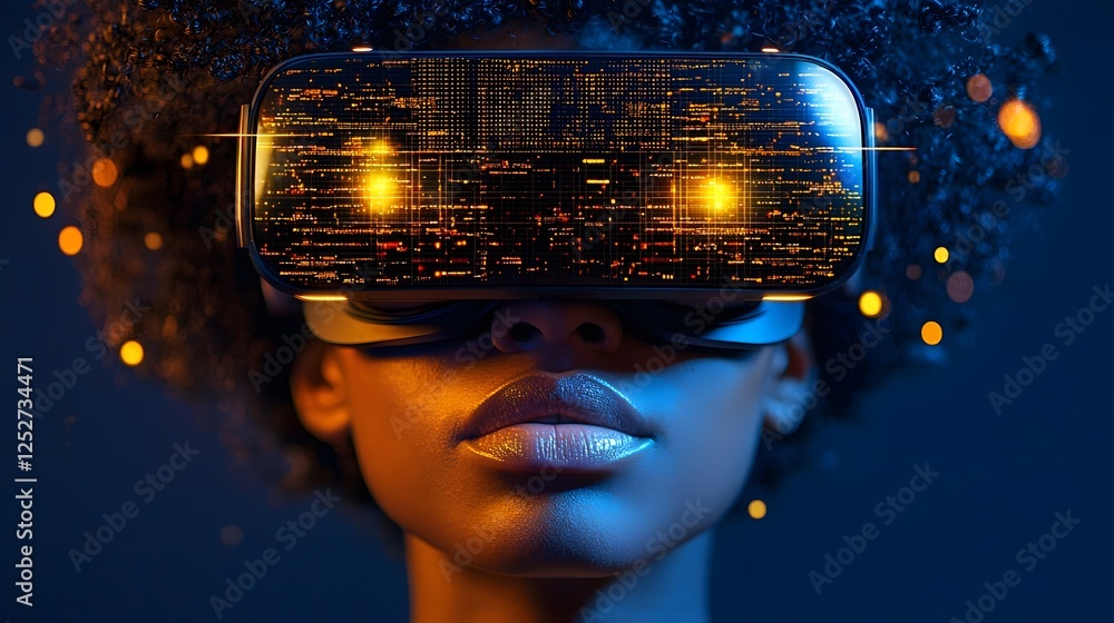Poster closeup view of a person s face wearing a virtual reality headset immersed in a complex digital land
