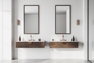 Modern bathroom interior with dual sinks and wooden vanities. 3D Rendering