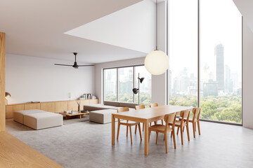 Modern minimalist living and dining space with natural lighting. 3D Rendering