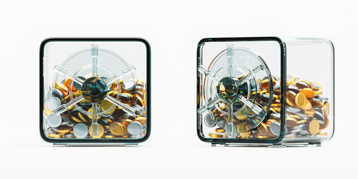Transparent glass safes filled with gold and silver coins on white background. 3D Rendering